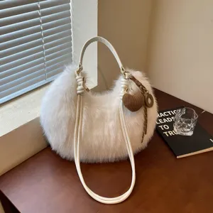 Stylish white plush shoulder bag for women, soft faux fur hobo crossbody handbag daily use.