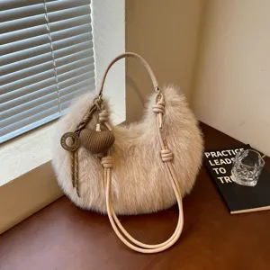 Women plush shoulder bag fluffy hobo crossbody bag autumn fashion commuter handbag with heart pendant