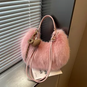Women pink plush shoulder bag fluffy hobo handbag cute design stylish crossbody bag autumn.