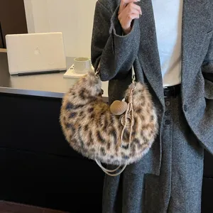 Faux fur leopard crescent shoulder bag fluffy autumn winter trendy chic women crossbody bag