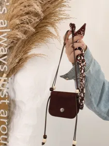 Mini suede crossbody bag for women, trendy mini shoulder bag with long strap and cute beads.