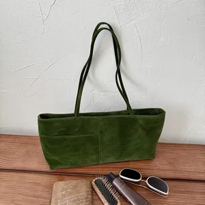 Green suede tote bag for women, large capacity shoulder handbag for daily commute.