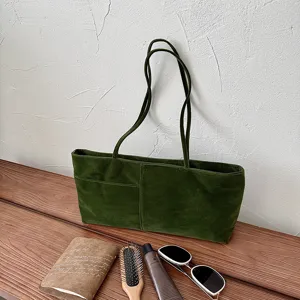 Dark green suede tote bag for women, large capacity shoulder bag for daily commuting.