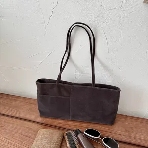 Brown velvet shoulder bag for women, large capacity casual tote and commuter underarm bag.