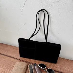 Black velvet shoulder tote bag, casual lightweight daily commuter handbag for women.