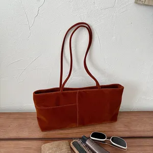 Brown velvet shoulder tote bag, casual large capacity commuter handbag with double top handles.