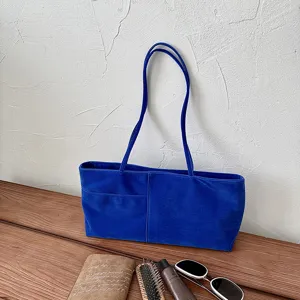 Blue velvet shoulder bag casual lightweight tote daily commuter underarm handbag for women