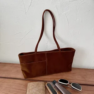 Brown velvet underarm bag, casual vintage solid color shoulder tote bag for women daily commute.