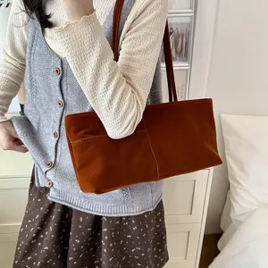 Korean style brown velvet shoulder bag, casual large capacity underarm bag for women commuting