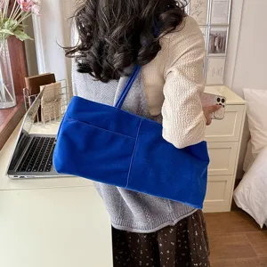 Korean style blue velvet shoulder bag large capacity casual handbag daily commute tote bag