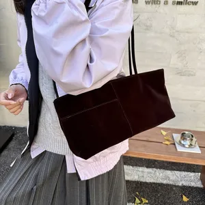 Brown velvet shoulder bag for women, casual soft underarm tote bag with large capacity.