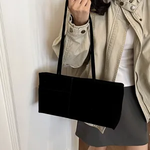 Black velvet shoulder bag detail, stylish daily commute tote showcasing soft texture and strap.