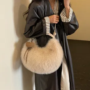 Chic fluffy plush shoulder bag for women, trendy crescent hobo crossbody bag for autumn commute.