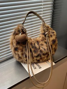 Womens Fashion Plush Shoulder Crossbody Bag Leopard Print Casual Commuter Handbag Winter Fluffy Hobo Bag With Pendant
