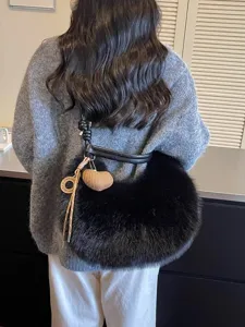 womens black plush shoulder bag fluffy crossbody purse trendy winter fashion handbag