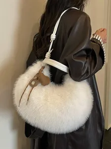 Women white plush shoulder bag fluffy hobo crescent crossbody bag with cute heart charm