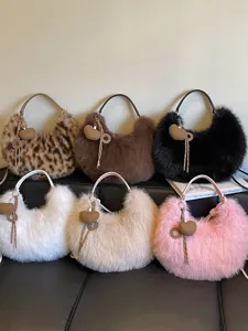 Women plush hobo handbag autumn stylish fluffy leopard shoulder crossbody bag 2026 new