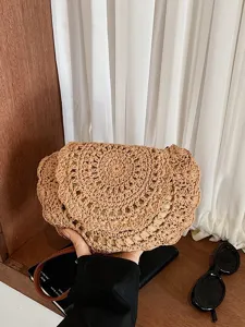 Vrouwen stijlvolle gehaakte stro schoudertas, casual strand vakantie geweven handtas.