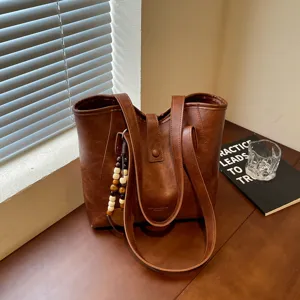 Bolso tote vintage de cuero PU marron gran capacidad bolso de hombro informal para mujer
