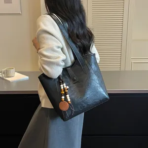 Bolso shopper informal retro negro de cuero PU gran capacidad bolso de hombro mujer diario