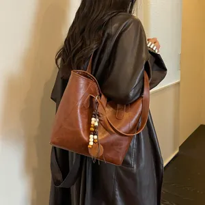 Bolso shopper hombro piel marrón vintage gran capacidad mujer bolso tote otoño chic