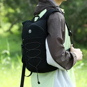 Lightweight outdoor casual backpack in black with elastic bungee cords and side mesh pockets.