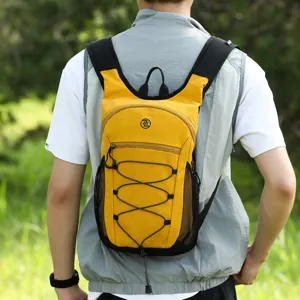 Lightweight outdoor casual backpack for hiking, travel, and sports. Detail view of yellow design.