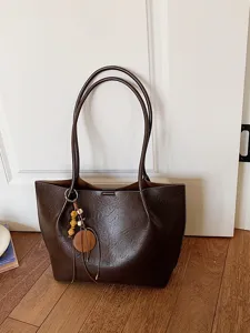 Bolso tote retro de gran capacidad para mujer, bolso de hombro minimalista de cuero marrón trabajo.