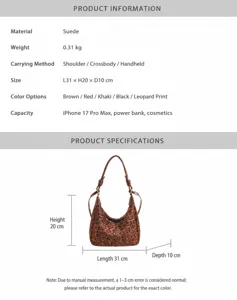 Vintage suède hobo schoudertas casual crossbody dumpling tas voor dagelijks woon-werkverkeer.