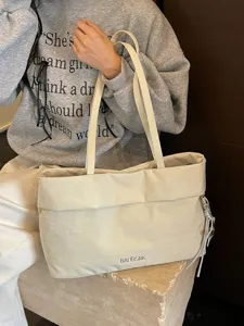 Borsa tote in tela beige minimalista per donna, grande capacità borsa a spalla casual quotidiana.