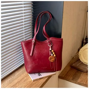 Bolso tote rojo de gran capacidad para mujer, elegante bolso de hombro minimalista de cuero PU.