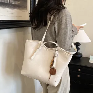 Bolso tote grande informal de piel sintética beis, bolso de hombro liso y sencillo para uso diario.