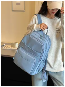 Light blue casual backpack multi-pocket design daily commute school student travel daypack