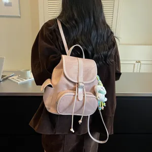 Pink retro college style women backpack, casual travel school bag with multiple pockets.