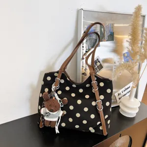Bolso tote de lona con lunares negros para mujer gran bolso de hombro con oso tierno