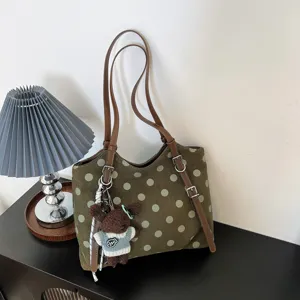 Bolso tote de ante verde con lunares para mujer, elegante bolso de hombro grande con osito.