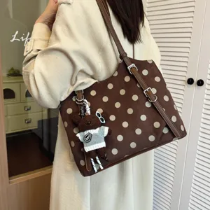 Bolso tote de lona con lunares marrones, bolso de hombro casual de gran capacidad para mujer.