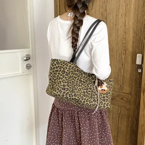 Leopard print tote bag large capacity vintage shoulder bag casual commuter handbag for women