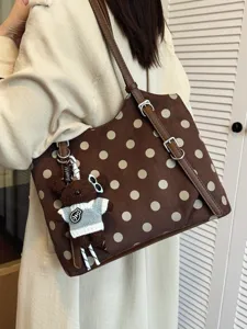 Bolso tote clásico de lunares marrones para mujer, bolso de hombro de gran capacidad.