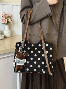 Elegante bolso tote de lona con lunares para mujer, bolso de hombro grande con lindo colgante de oso.