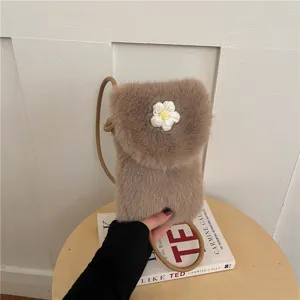 Fluffy plush crossbody phone bag for women cute furry shoulder handbag with daisy flower.