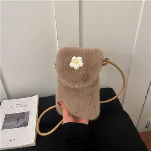 Plush phone bag for women, cute knitted daisy crossbody shoulder bag, autumn fluffy bag.
