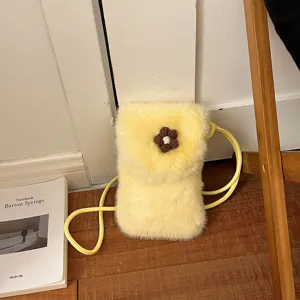 Yellow plush fuzzy crossbody phone bag for women, cute small winter fuzzy shoulder bag.