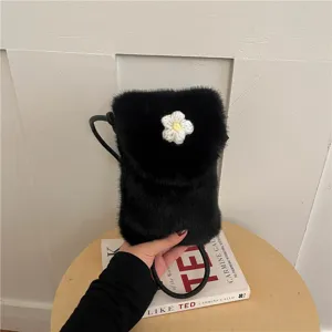 Fuzzy plush crossbody phone bag for women, cute winter small fuzzy shoulder handbag.