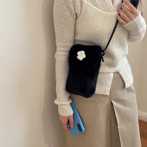 Women plush phone bag fluffy crossbody shoulder bag cute mini handbag with flower decor