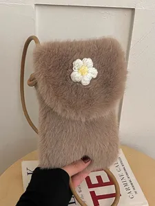 Women Faux Fur Plush Mobile Phone Crossbody Bag With Knitted Flower Decor Autumn Winter Mini Shoulder Bag Cell Phone Pouch Daily Travel Purse
