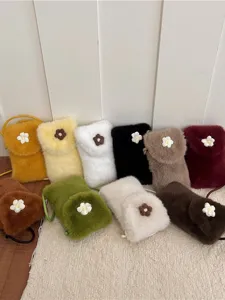 Plush crossbody phone bag, cute furry shoulder bag with small knitted flower, casual winter bag