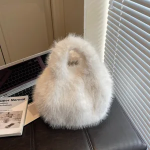 White plush handbag fuzzy tote bag soft faux fur winter purse fluffy stylish detail view