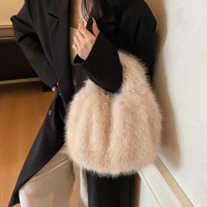 Women fluffy plush handbag autumn winter soft faux fur tote bag casual stylish furry purse