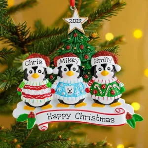 Personalized family of 3 Christmas tree penguin ornament custom holiday decoration